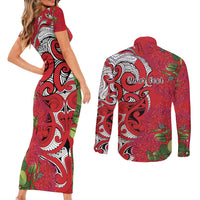 Personalised New Zealand Koru Pohutukawa Couples Matching Short Sleeve Bodycon Dress and Long Sleeve Button Shirt Meri Kirihimete Aroha for Christmas LT9 - Polynesian Pride