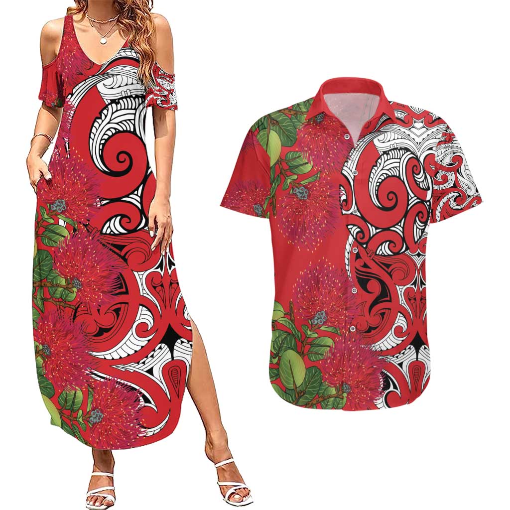 Personalised New Zealand Koru Pohutukawa Couples Matching Summer Maxi Dress and Hawaiian Shirt Meri Kirihimete Aroha for Christmas LT9 Red - Polynesian Pride