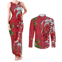 Personalised New Zealand Koru Pohutukawa Couples Matching Tank Maxi Dress and Long Sleeve Button Shirt Meri Kirihimete Aroha for Christmas LT9 Red - Polynesian Pride