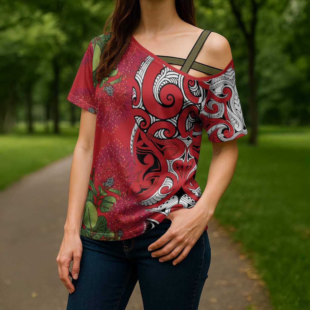 Personalised New Zealand Koru Pohutukawa Cross Shoulder Shirt Meri Kirihimete Aroha for Christmas LT9 - Polynesian Pride