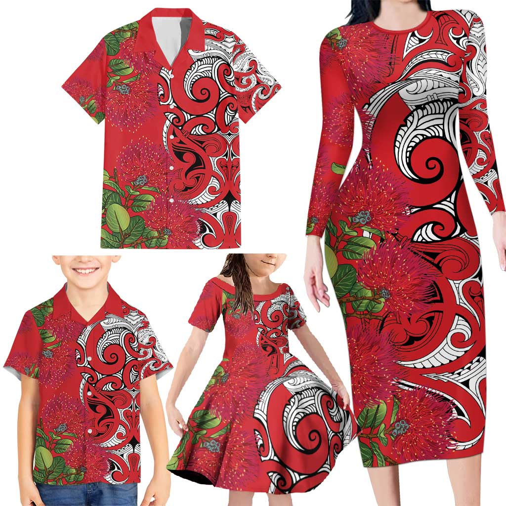 Personalised New Zealand Koru Pohutukawa Family Matching Long Sleeve Bodycon Dress and Hawaiian Shirt Meri Kirihimete Aroha for Christmas LT9 - Polynesian Pride