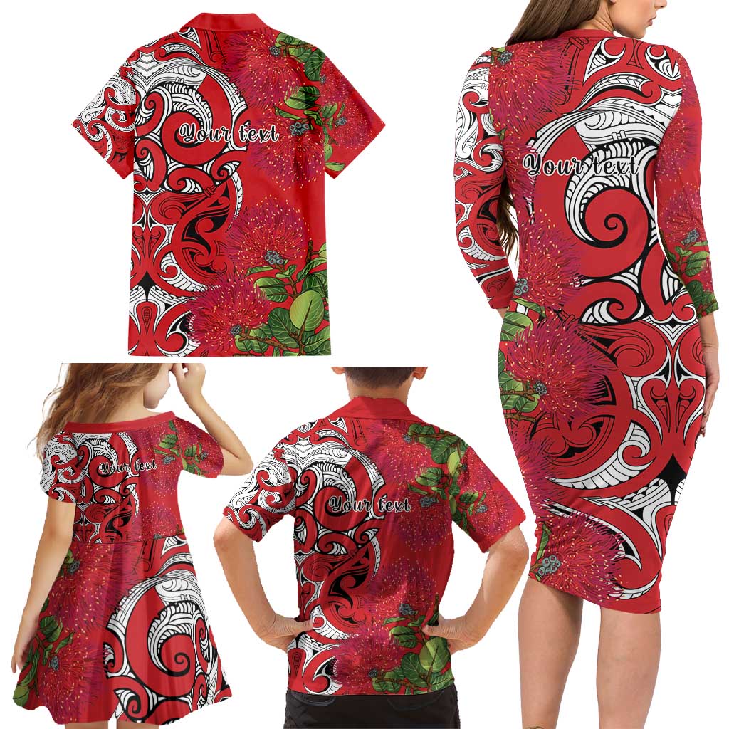 Personalised New Zealand Koru Pohutukawa Family Matching Long Sleeve Bodycon Dress and Hawaiian Shirt Meri Kirihimete Aroha for Christmas LT9 - Polynesian Pride