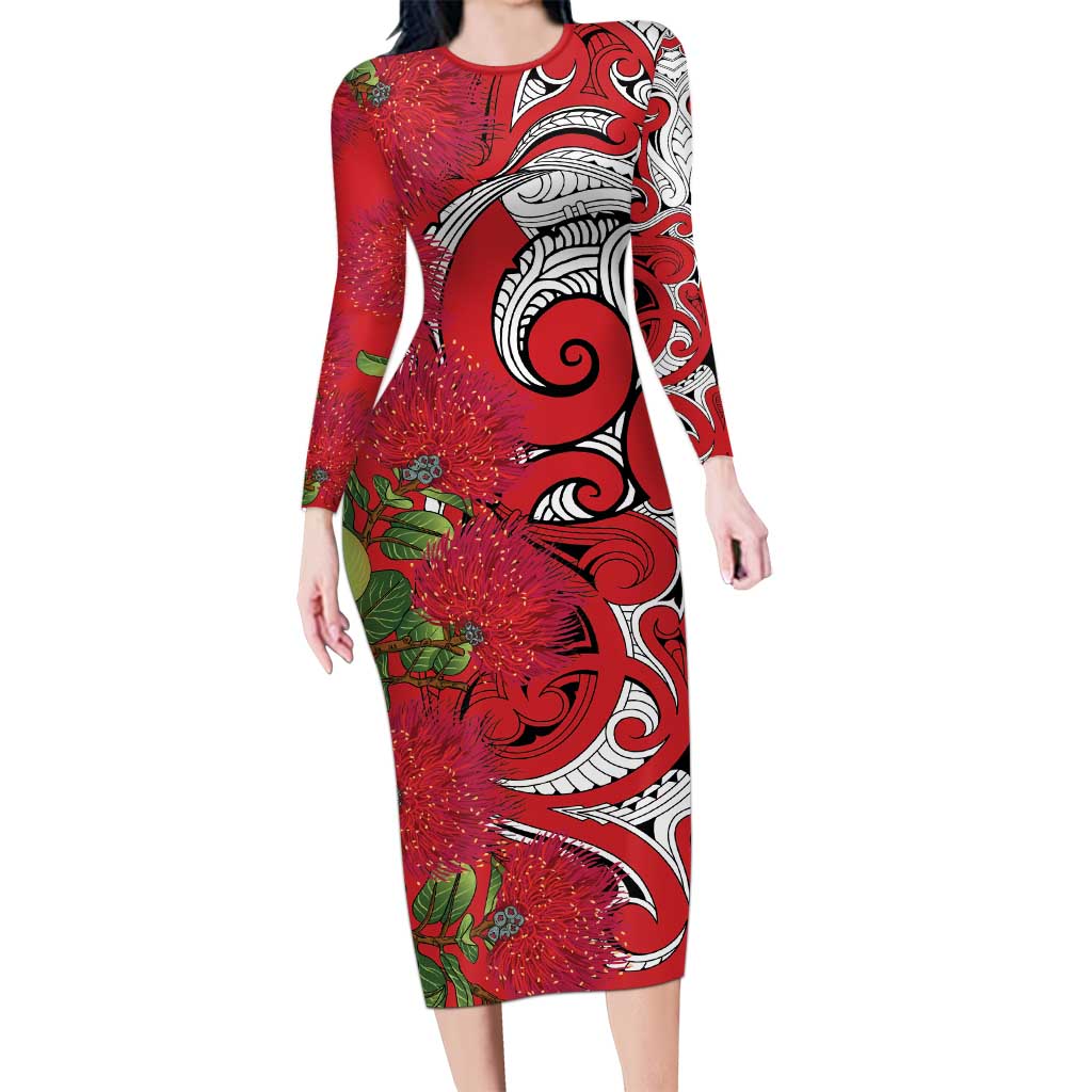 Personalised New Zealand Koru Pohutukawa Family Matching Long Sleeve Bodycon Dress and Hawaiian Shirt Meri Kirihimete Aroha for Christmas LT9 Mom's Dress Red - Polynesian Pride
