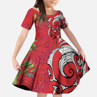 Personalised New Zealand Koru Pohutukawa Family Matching Mermaid Dress and Hawaiian Shirt Meri Kirihimete Aroha for Christmas LT9 Daughter's Dress Red - Polynesian Pride