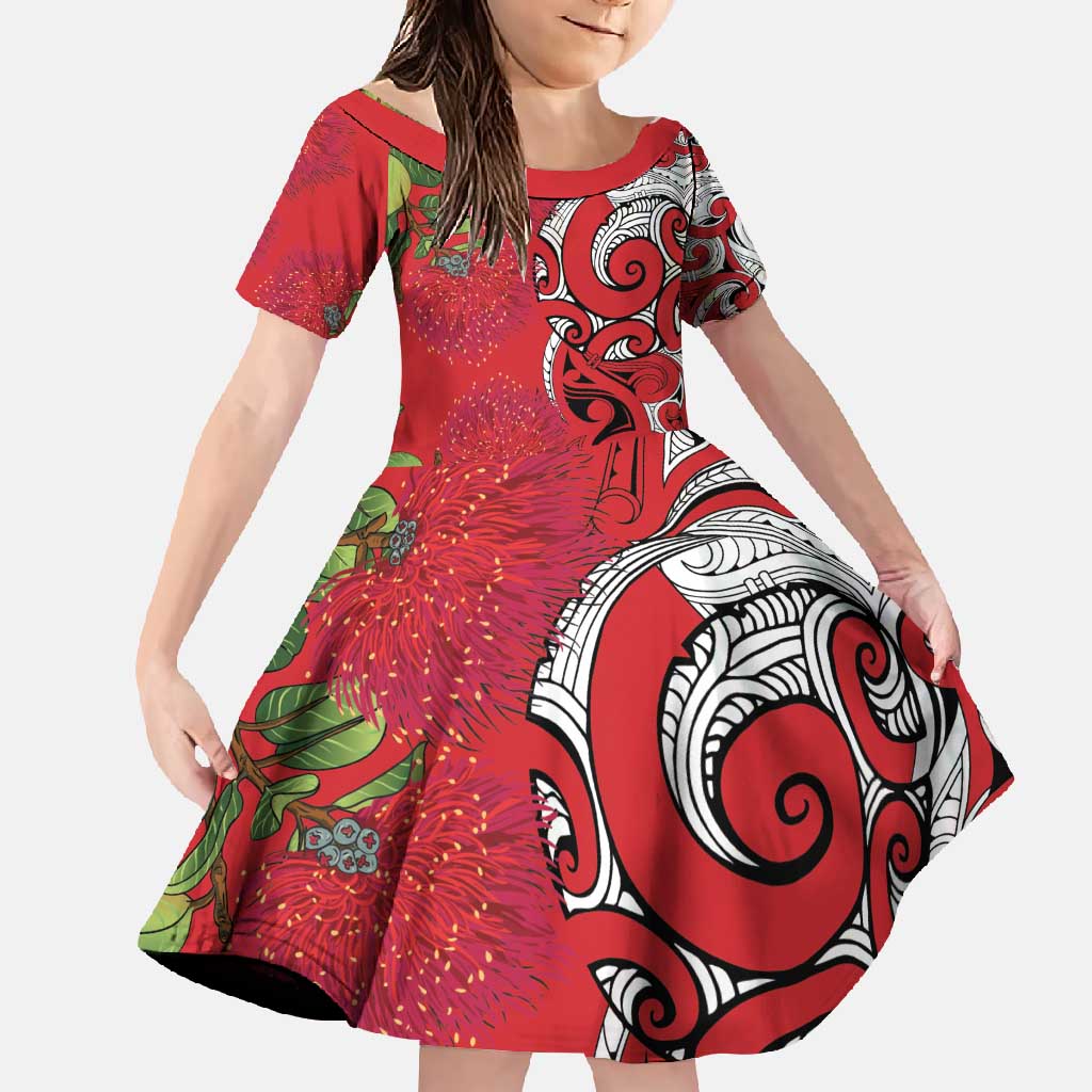 Personalised New Zealand Koru Pohutukawa Family Matching Off Shoulder Maxi Dress and Hawaiian Shirt Meri Kirihimete Aroha for Christmas LT9 Daughter's Dress Red - Polynesian Pride