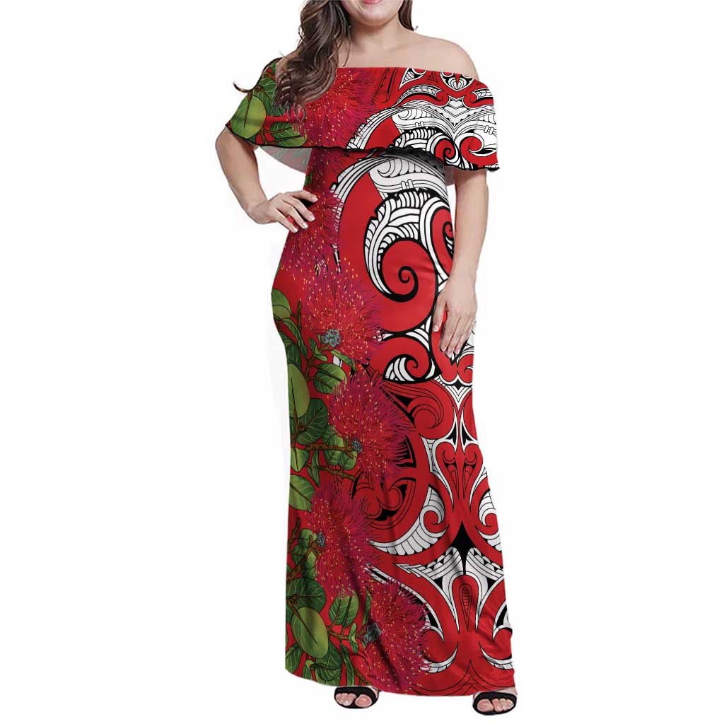 Personalised New Zealand Koru Pohutukawa Family Matching Off Shoulder Maxi Dress and Hawaiian Shirt Meri Kirihimete Aroha for Christmas LT9 Mom's Dress Red - Polynesian Pride