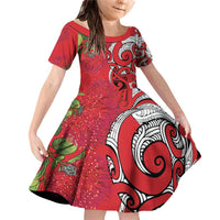 Personalised New Zealand Koru Pohutukawa Family Matching Off Shoulder Short Dress and Hawaiian Shirt Meri Kirihimete Aroha for Christmas LT9 Daughter's Dress Red - Polynesian Pride
