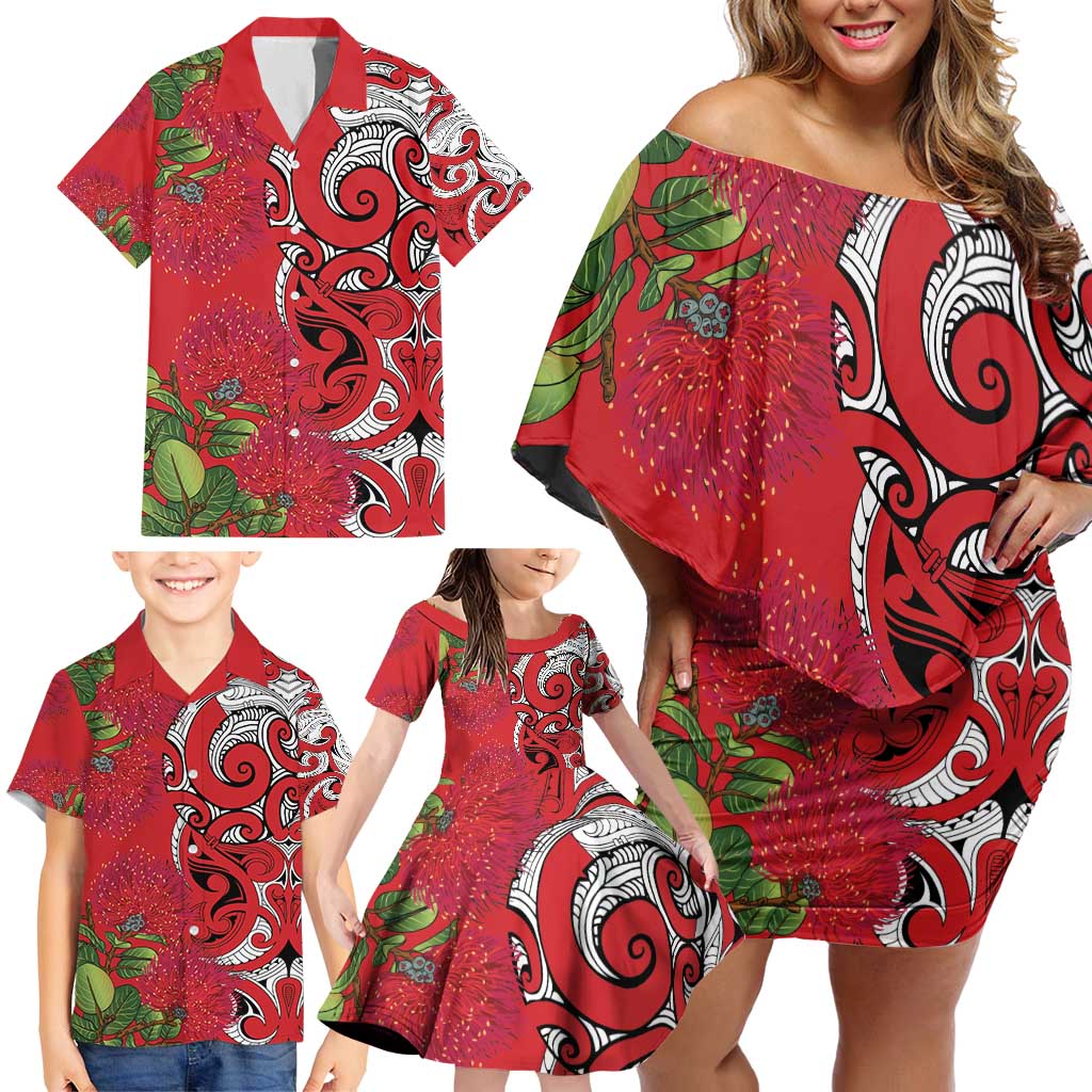 Personalised New Zealand Koru Pohutukawa Family Matching Off Shoulder Short Dress and Hawaiian Shirt Meri Kirihimete Aroha for Christmas LT9 - Polynesian Pride