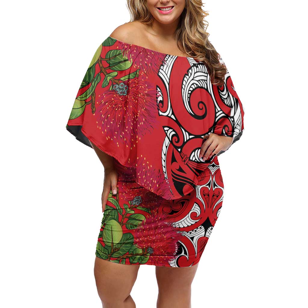 Personalised New Zealand Koru Pohutukawa Family Matching Off Shoulder Short Dress and Hawaiian Shirt Meri Kirihimete Aroha for Christmas LT9 Mom's Dress Red - Polynesian Pride