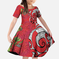Personalised New Zealand Koru Pohutukawa Family Matching Puletasi and Hawaiian Shirt Meri Kirihimete Aroha for Christmas LT9 Daughter's Dress Red - Polynesian Pride