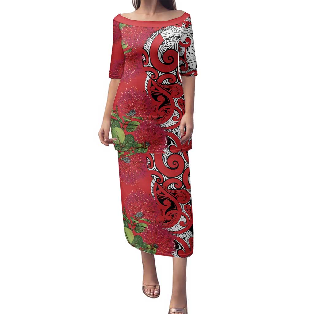 Personalised New Zealand Koru Pohutukawa Family Matching Puletasi and Hawaiian Shirt Meri Kirihimete Aroha for Christmas LT9 Mom's Dress Red - Polynesian Pride