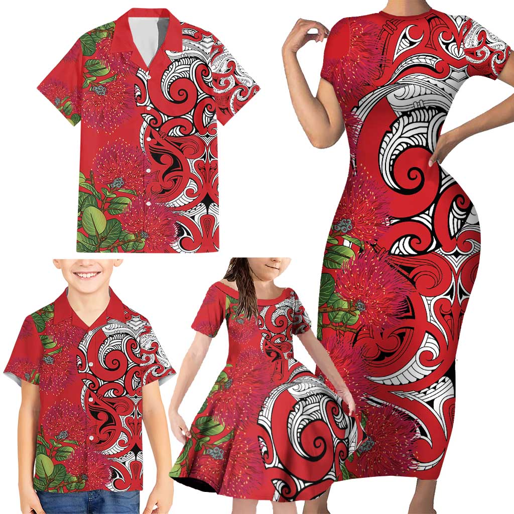 Personalised New Zealand Koru Pohutukawa Family Matching Short Sleeve Bodycon Dress and Hawaiian Shirt Meri Kirihimete Aroha for Christmas LT9 - Polynesian Pride