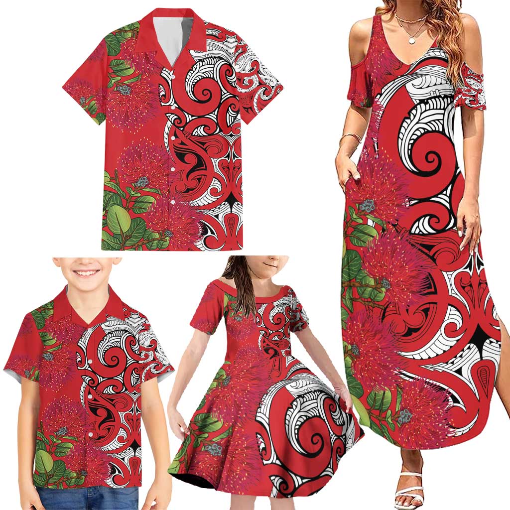 Personalised New Zealand Koru Pohutukawa Family Matching Summer Maxi Dress and Hawaiian Shirt Meri Kirihimete Aroha for Christmas LT9 - Polynesian Pride