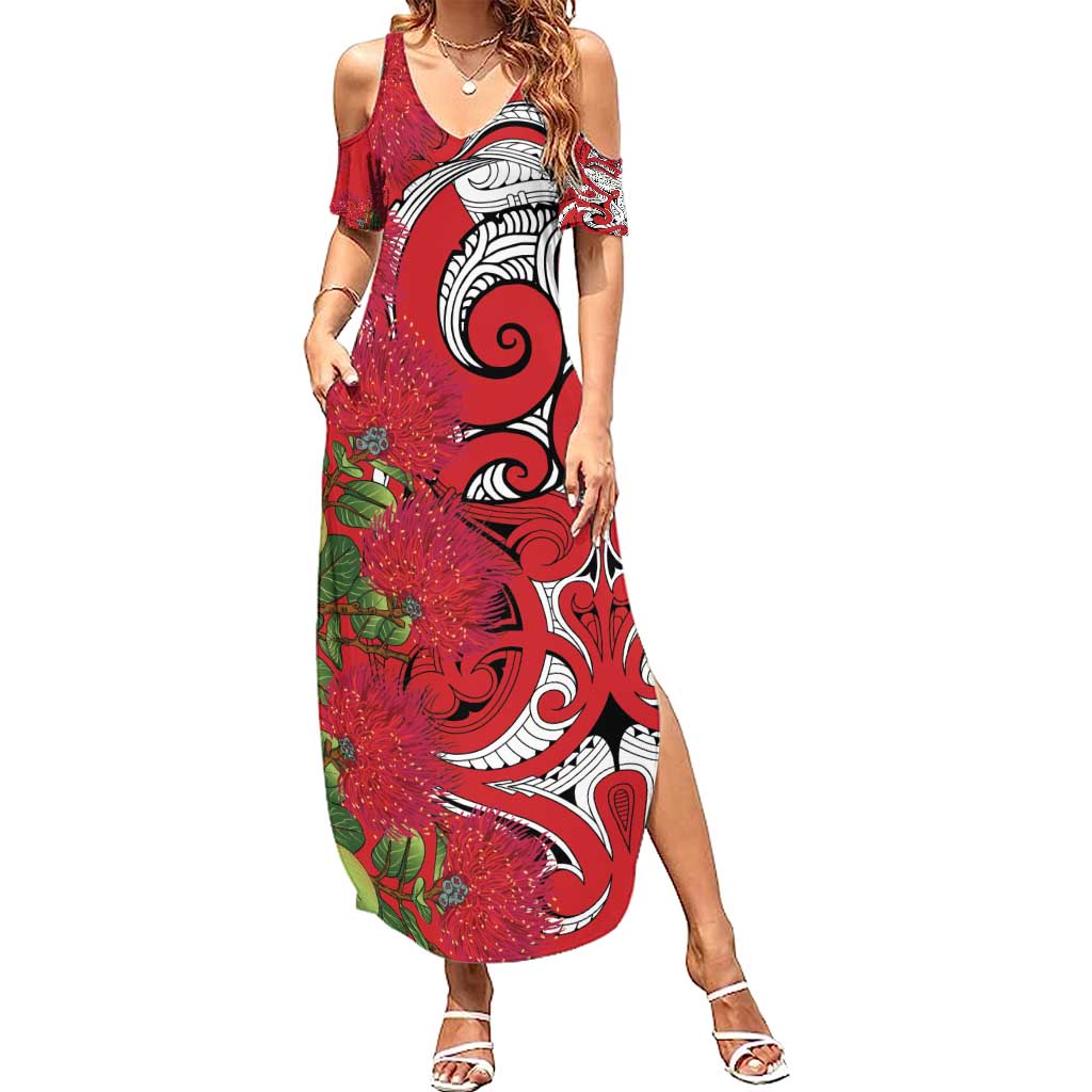 Personalised New Zealand Koru Pohutukawa Family Matching Summer Maxi Dress and Hawaiian Shirt Meri Kirihimete Aroha for Christmas LT9 Mom's Dress Red - Polynesian Pride