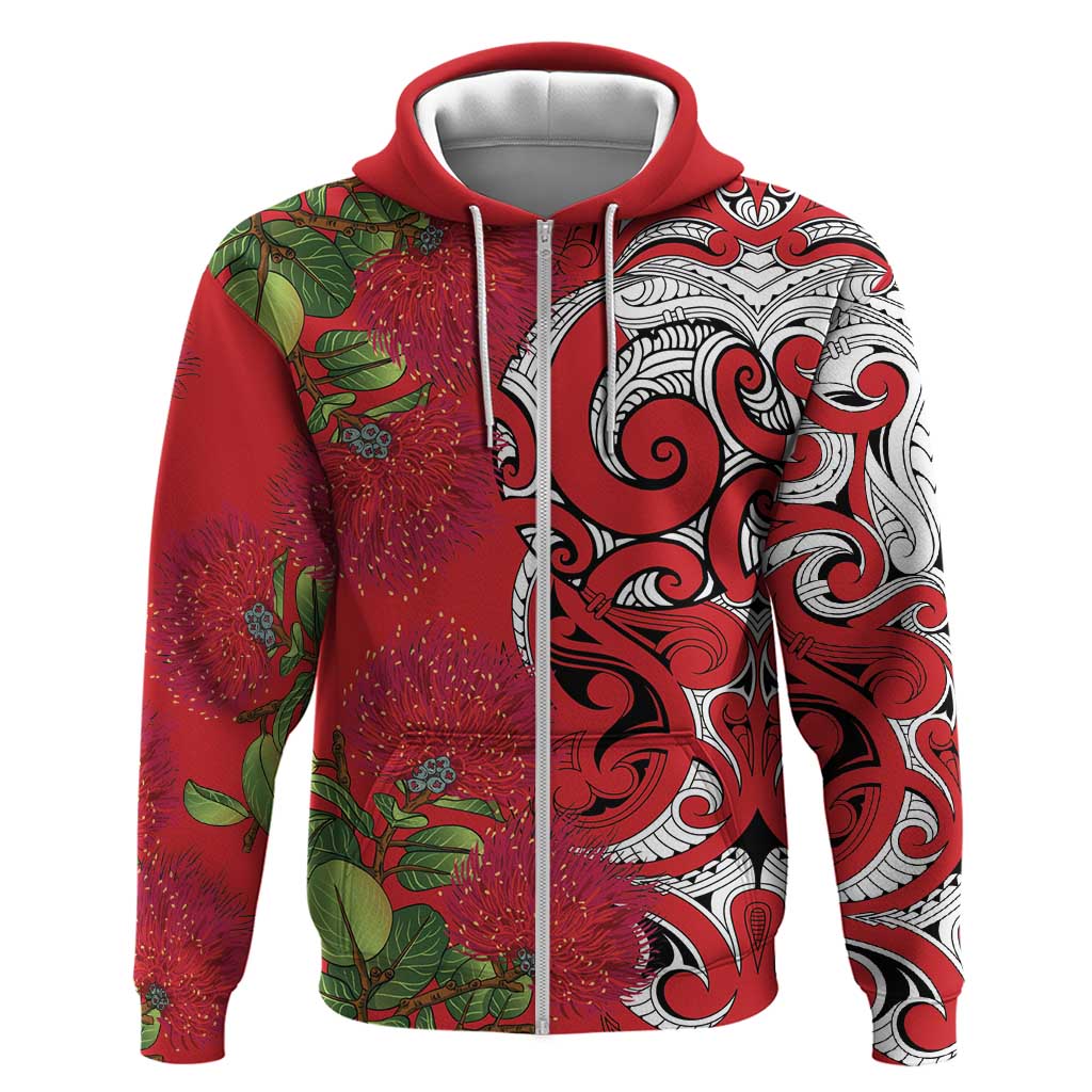 Personalised New Zealand Koru Pohutukawa Hoodie Meri Kirihimete Aroha for Christmas LT9 Zip Hoodie Red - Polynesian Pride