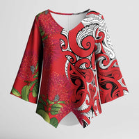 Personalised New Zealand Koru Pohutukawa Kimono Sleeve Blouse Meri Kirihimete Aroha for Christmas LT9 Female Red - Polynesian Pride