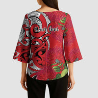 Personalised New Zealand Koru Pohutukawa Kimono Sleeve Blouse Meri Kirihimete Aroha for Christmas LT9 - Polynesian Pride