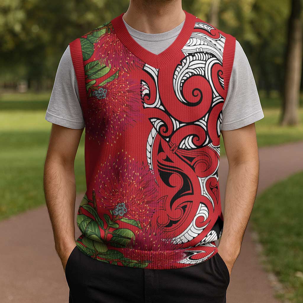 Personalised New Zealand Koru Pohutukawa Christmas Knitted V-Neck Vest Meri Kirihimete Aroha for Christmas LT9 - Polynesian Pride