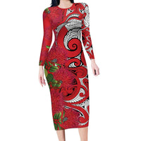Personalised New Zealand Koru Pohutukawa Long Sleeve Bodycon Dress Meri Kirihimete Aroha for Christmas LT9 Long Dress Red - Polynesian Pride