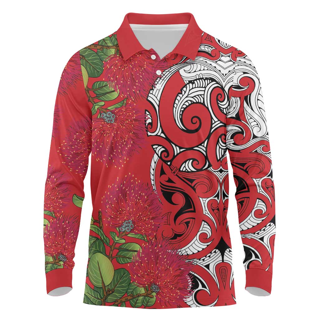 Personalised New Zealand Koru Pohutukawa Long Sleeve Polo Shirt Meri Kirihimete Aroha for Christmas LT9 Red - Polynesian Pride
