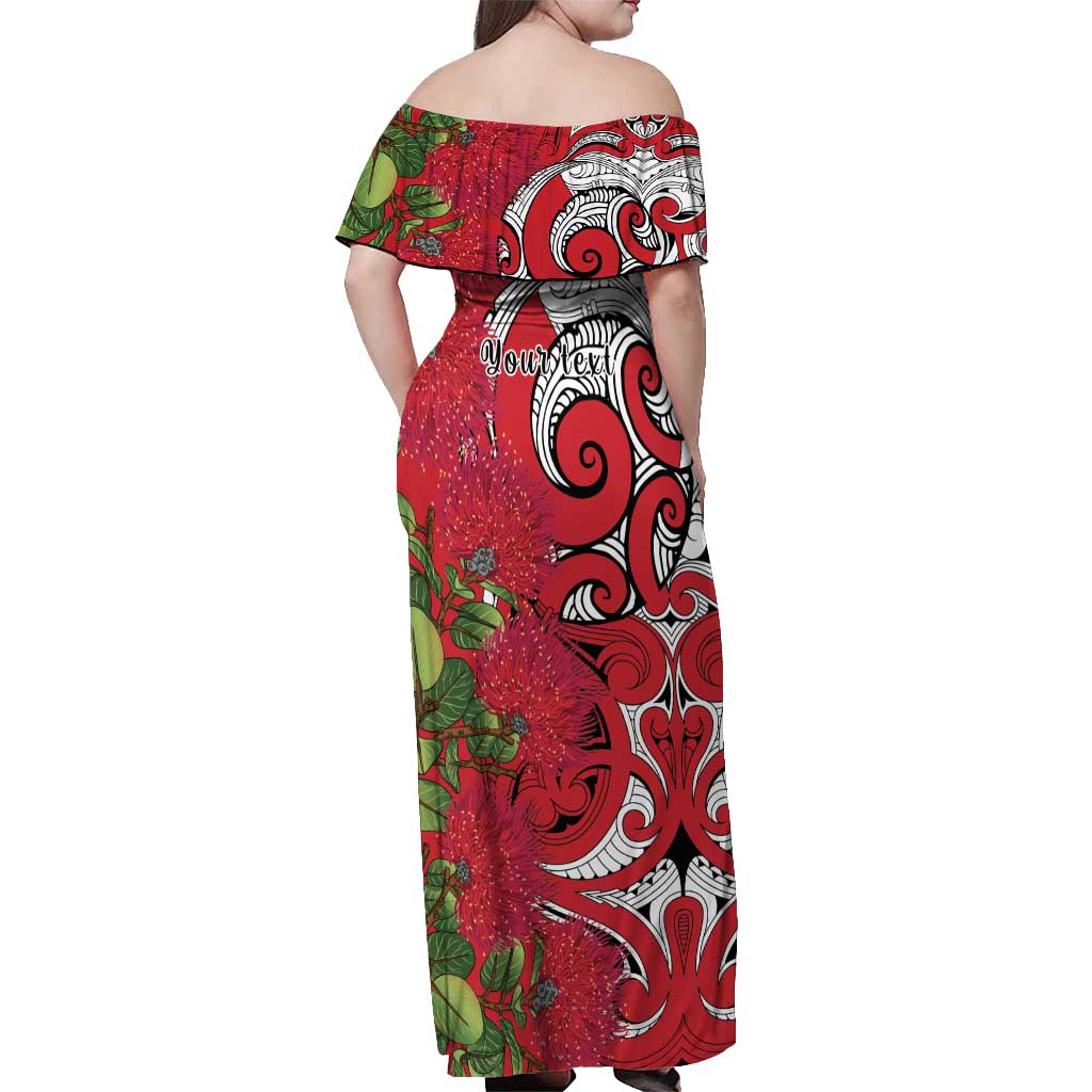 Personalised New Zealand Koru Pohutukawa Off Shoulder Maxi Dress Meri Kirihimete Aroha for Christmas LT9 - Polynesian Pride