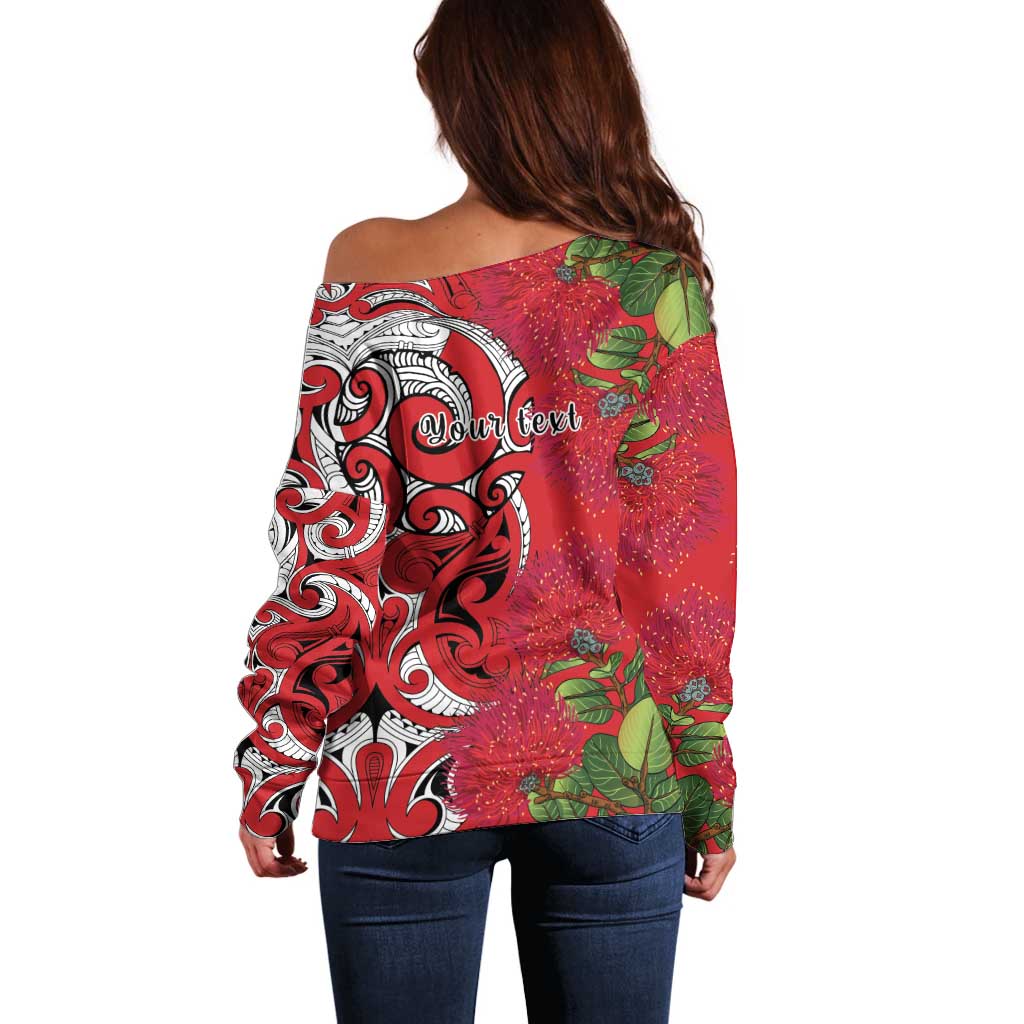 Personalised New Zealand Koru Pohutukawa Off Shoulder Sweater Meri Kirihimete Aroha for Christmas LT9 - Polynesian Pride