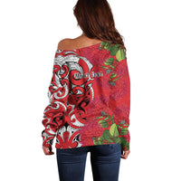 Personalised New Zealand Koru Pohutukawa Off Shoulder Sweater Meri Kirihimete Aroha for Christmas LT9 - Polynesian Pride