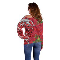 Personalised New Zealand Koru Pohutukawa Off Shoulder Sweater Meri Kirihimete Aroha for Christmas LT9 - Polynesian Pride