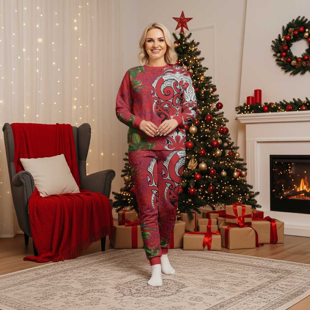 Personalised New Zealand Koru Pohutukawa Christmas Pajama Set Meri Kirihimete Aroha for Christmas LT9 Women Red - Polynesian Pride