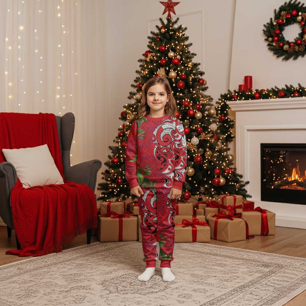 Personalised New Zealand Koru Pohutukawa Christmas Pajama Set Meri Kirihimete Aroha for Christmas LT9 Kid Red - Polynesian Pride