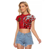 Personalised New Zealand Koru Pohutukawa Raglan Cropped T Shirt Meri Kirihimete Aroha for Christmas LT9 Female Red - Polynesian Pride