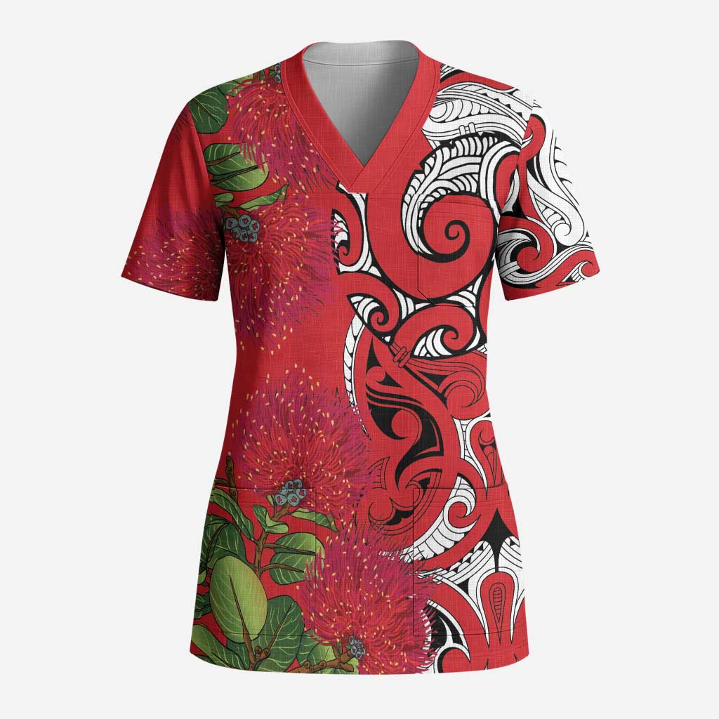 Personalised New Zealand Koru Pohutukawa Scrub Top Meri Kirihimete Aroha for Christmas LT9 Adult Red - Polynesian Pride