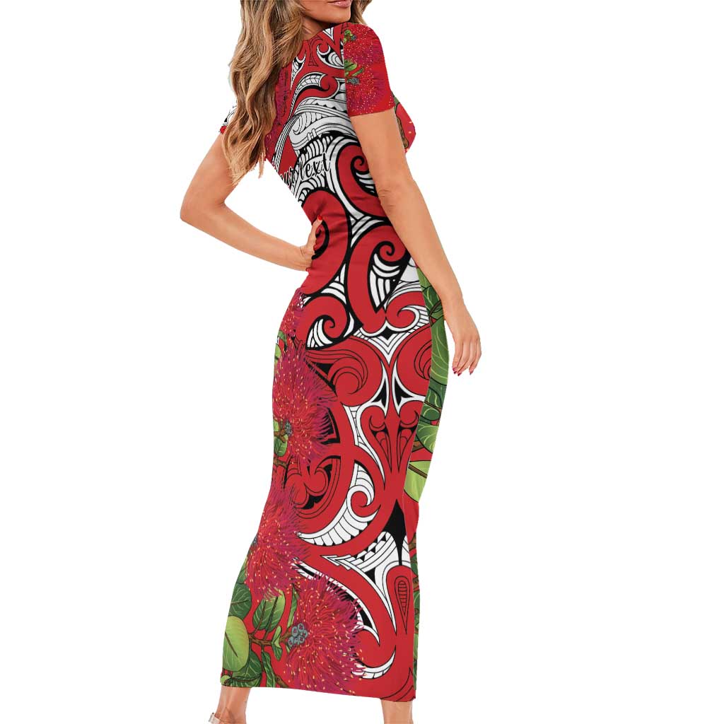 Personalised New Zealand Koru Pohutukawa Short Sleeve Bodycon Dress Meri Kirihimete Aroha for Christmas LT9 - Polynesian Pride