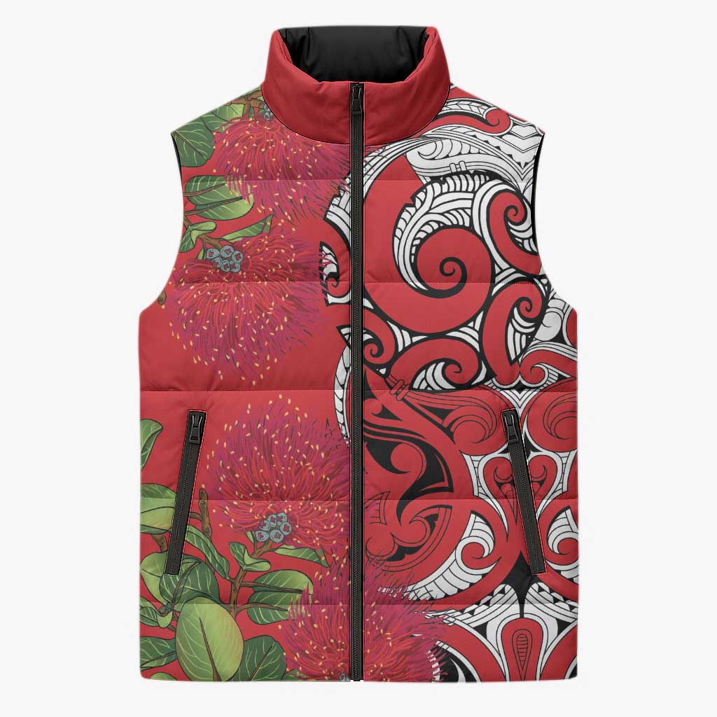 Personalised New Zealand Koru Pohutukawa Sleeveless Puffer Jacket Meri Kirihimete Aroha for Christmas LT9 Unisex Red - Polynesian Pride