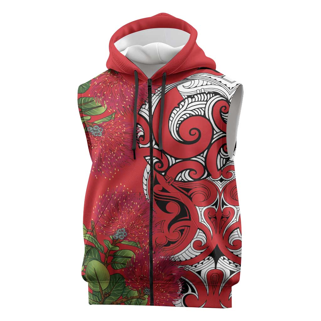 Personalised New Zealand Koru Pohutukawa Sleeveless Zip Hoodie Meri Kirihimete Aroha for Christmas LT9 Red - Polynesian Pride