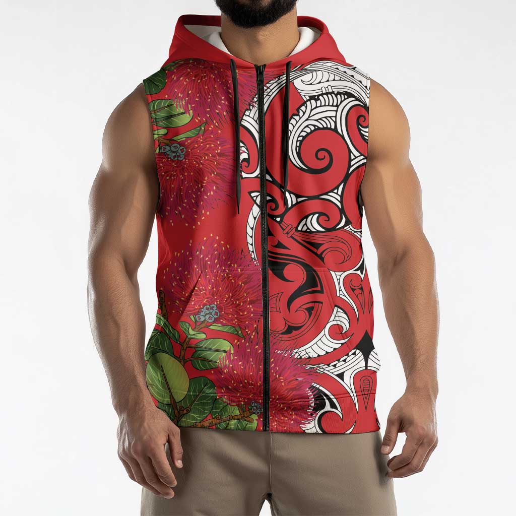 Personalised New Zealand Koru Pohutukawa Sleeveless Zip Hoodie Meri Kirihimete Aroha for Christmas LT9 - Polynesian Pride