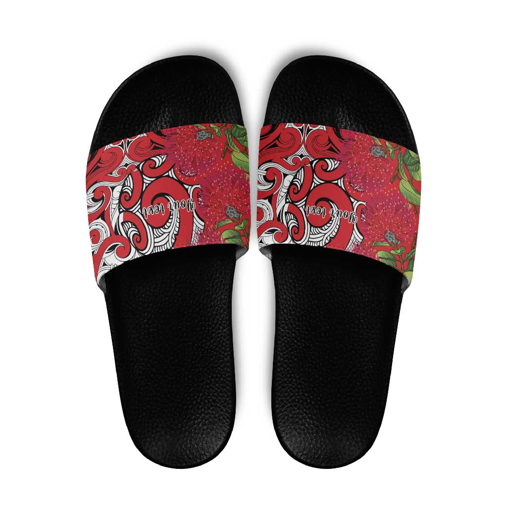 Personalised New Zealand Koru Pohutukawa Slide Sandals Meri Kirihimete Aroha for Christmas LT9 Red - Polynesian Pride