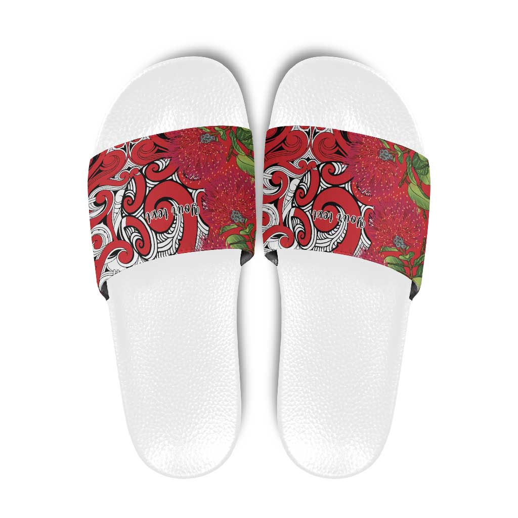 Personalised New Zealand Koru Pohutukawa Slide Sandals Meri Kirihimete Aroha for Christmas LT9 Red - Polynesian Pride