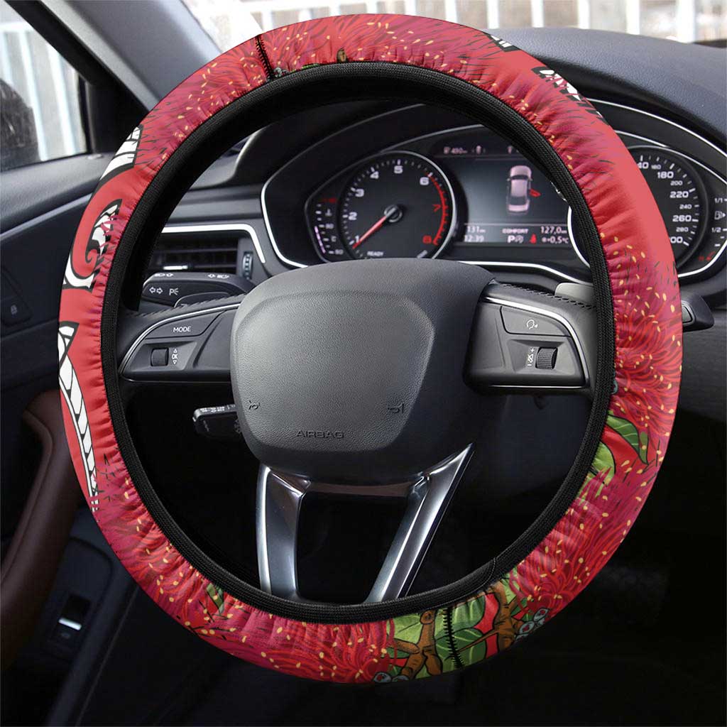 New Zealand Koru Pohutukawa Steering Wheel Cover Meri Kirihimete Aroha for Christmas LT9 - Polynesian Pride