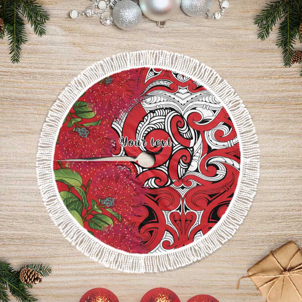 Personalised New Zealand Koru Pohutukawa Tree Skirt Meri Kirihimete Aroha for Christmas LT9 Fringed Red - Polynesian Pride