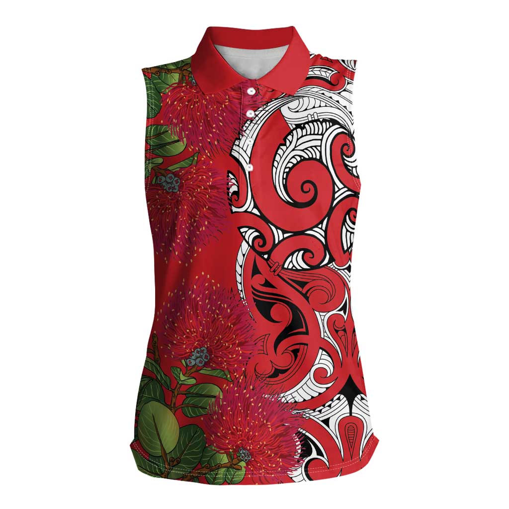 Personalised New Zealand Koru Pohutukawa Women Sleeveless Polo Shirt Meri Kirihimete Aroha for Christmas LT9 Female Red - Polynesian Pride