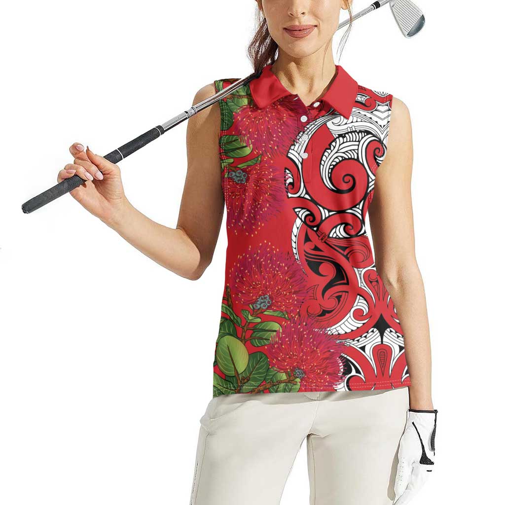 Personalised New Zealand Koru Pohutukawa Women Sleeveless Polo Shirt Meri Kirihimete Aroha for Christmas LT9 - Polynesian Pride