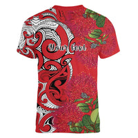 Personalised New Zealand Koru Pohutukawa Women V-Neck T-Shirt Meri Kirihimete Aroha for Christmas LT9 - Polynesian Pride