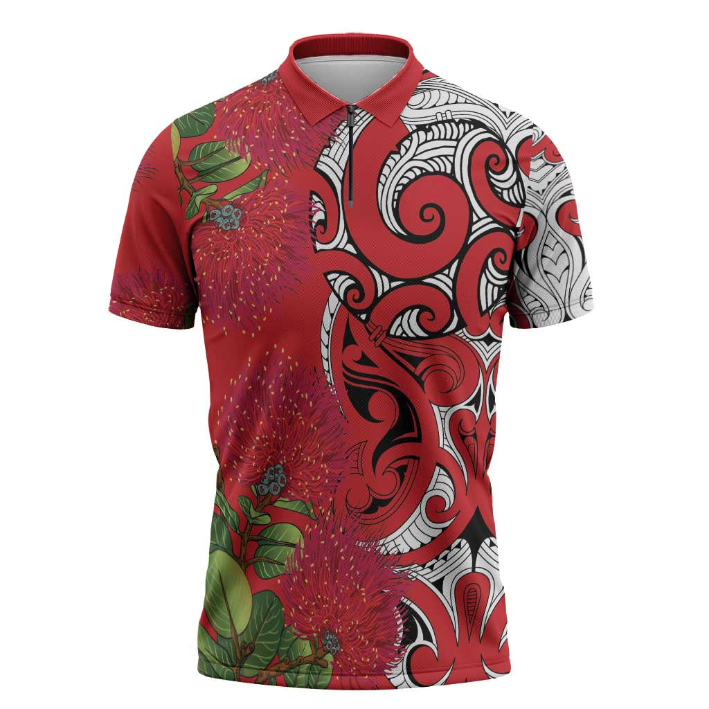 Personalised New Zealand Koru Pohutukawa Zipper Polo Shirt Meri Kirihimete Aroha for Christmas LT9 Red - Polynesian Pride