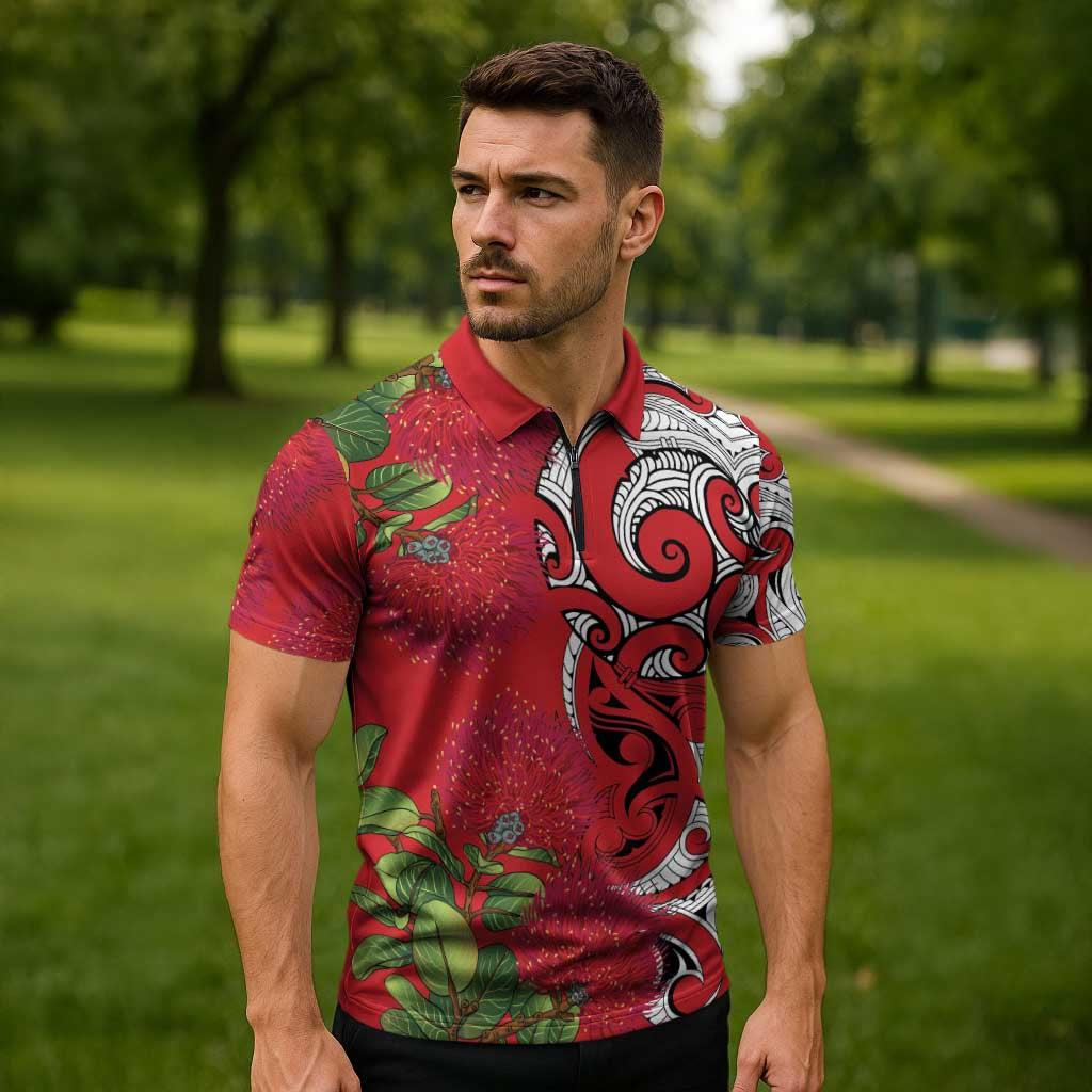 Personalised New Zealand Koru Pohutukawa Zipper Polo Shirt Meri Kirihimete Aroha for Christmas LT9 - Polynesian Pride