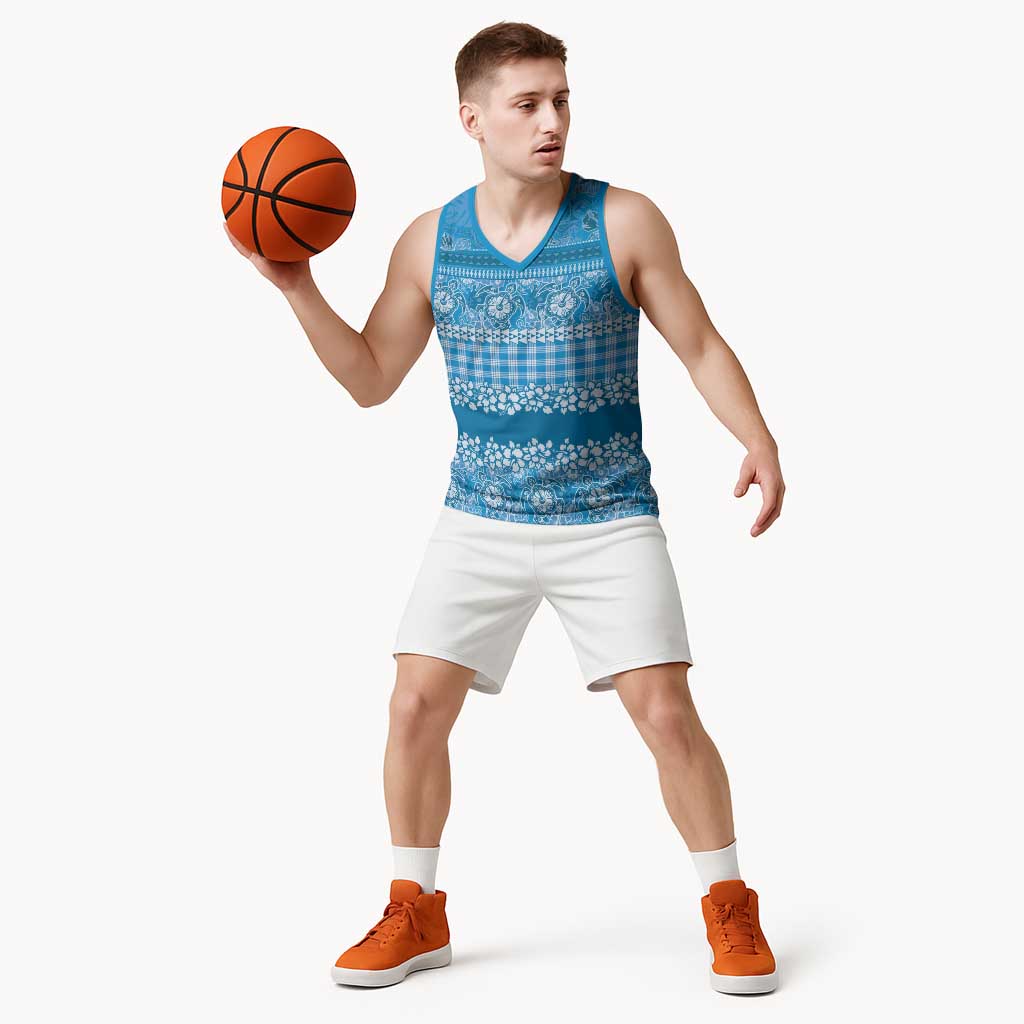 Hawaiian Hibiscus Honu Basketball Jersey Blue Mele Kalikimaka Palaka Spirit - Polynesian Pride