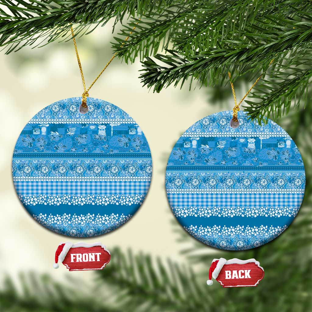 Hawaiian Hibiscus Honu Ceramic Ornament Blue Mele Kalikimaka Palaka Spirit - Polynesian Pride