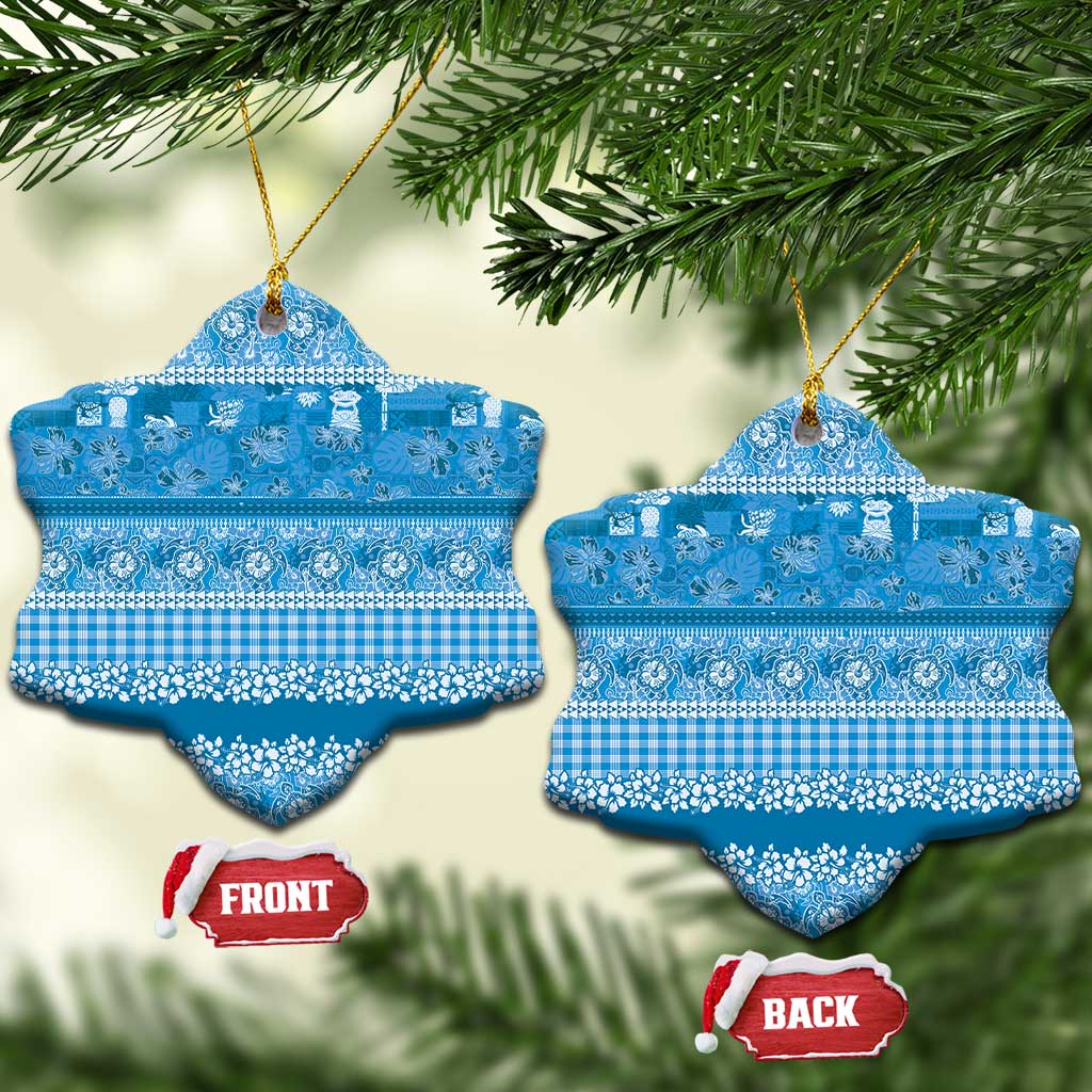 Hawaiian Hibiscus Honu Ceramic Ornament Blue Mele Kalikimaka Palaka Spirit - Polynesian Pride