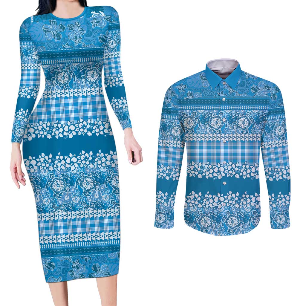 Hawaiian Hibiscus Honu Couples Matching Long Sleeve Bodycon Dress and Long Sleeve Button Shirt Blue Mele Kalikimaka Palaka Spirit LT9 Blue - Polynesian Pride