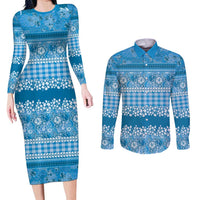 Hawaiian Hibiscus Honu Couples Matching Long Sleeve Bodycon Dress and Long Sleeve Button Shirt Blue Mele Kalikimaka Palaka Spirit LT9 Blue - Polynesian Pride